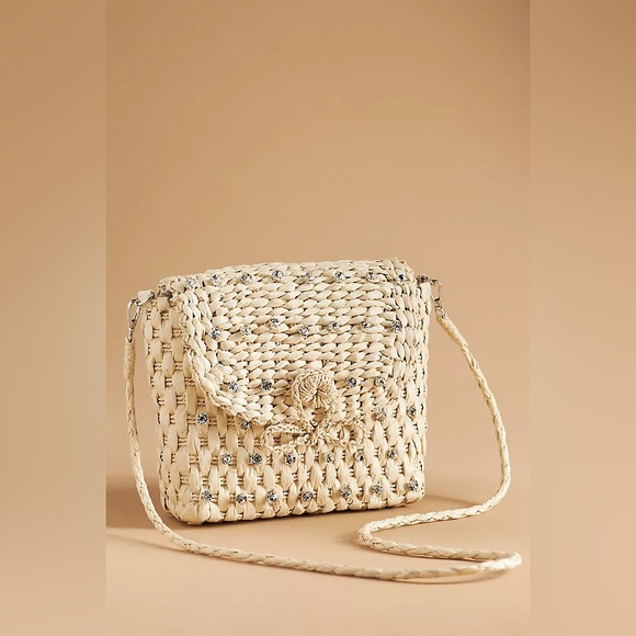 Anthropologie Handbags - Anthropologie Embellished Straw Crossbody Bag